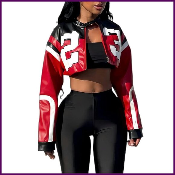 Cropped Faux Leather Bomber Jacket Y2K Streetwear Motorcycle Style